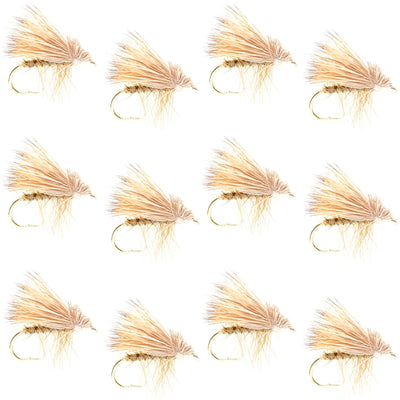 Set of 12 yellow Elk Hair Caddis dry flies for trout fishing, size 12, by The Fly Fishing Place.