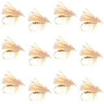 Set of 12 yellow elk hair caddis dry flies for trout fishing, size 16, by The Fly Fishing Place.