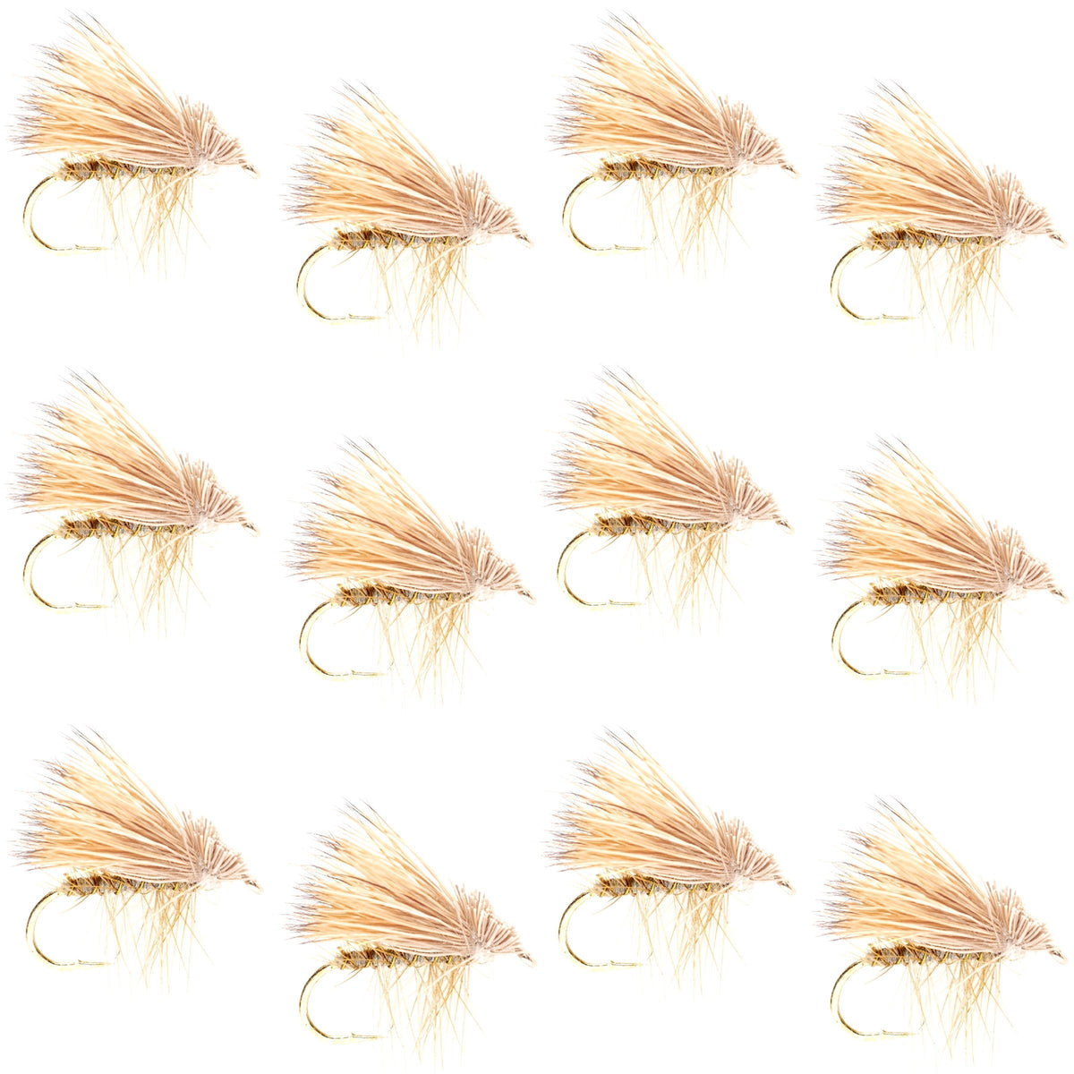 Set of 12 yellow elk hair caddis dry flies for trout fishing, size 16, by The Fly Fishing Place.