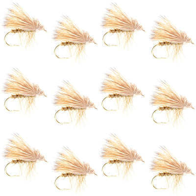 Set of 12 yellow elk hair caddis dry flies for trout fishing, size 16, by The Fly Fishing Place.