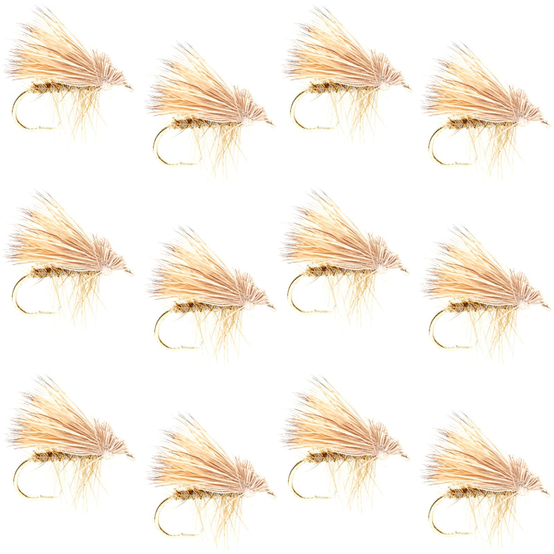 Set of 12 yellow elk hair caddis dry flies for trout fishing, size 16, by The Fly Fishing Place.