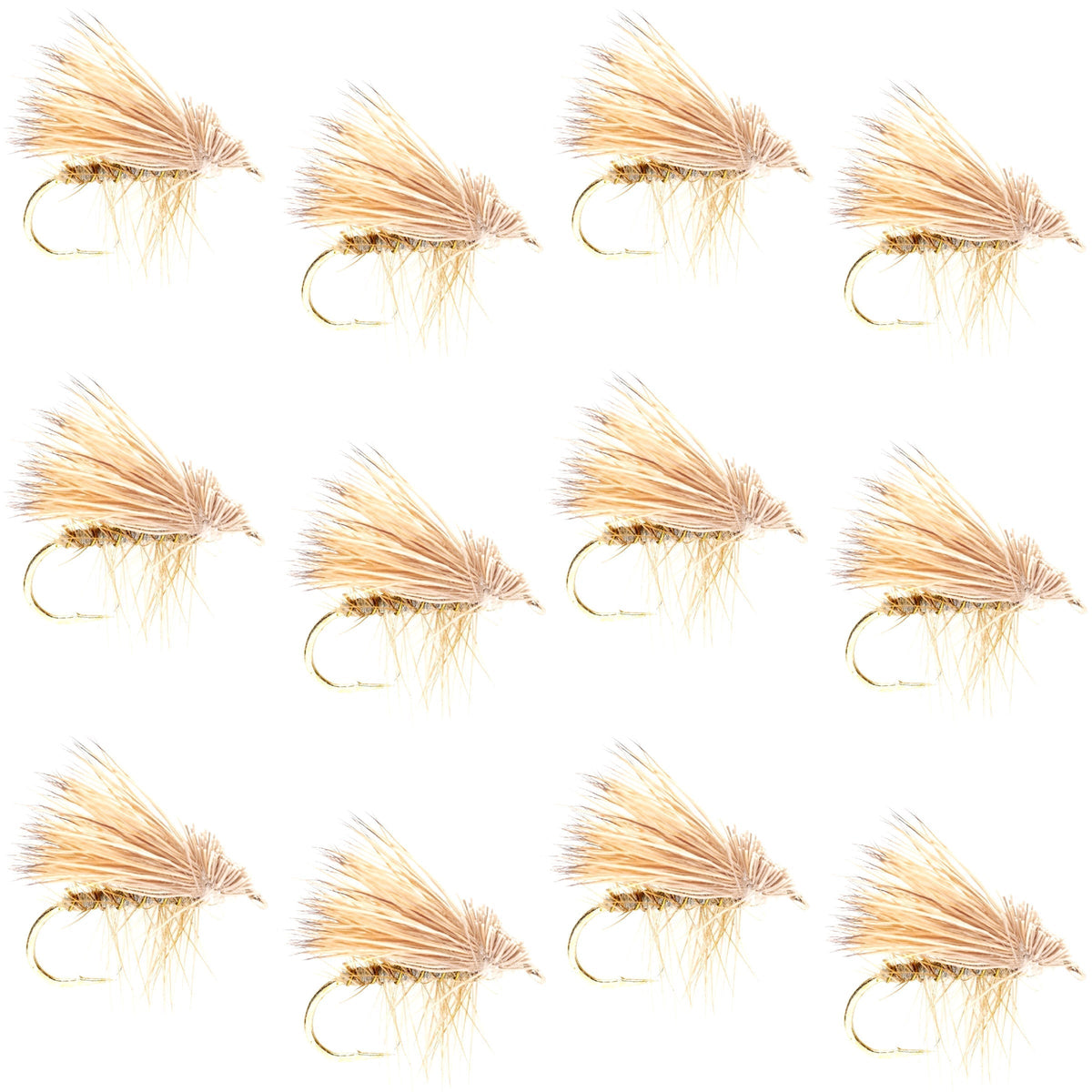 Set of 12 yellow elk hair caddis trout dry flies, size 14, on a hook suitable for fly fishing, by The Fly Fishing Place.