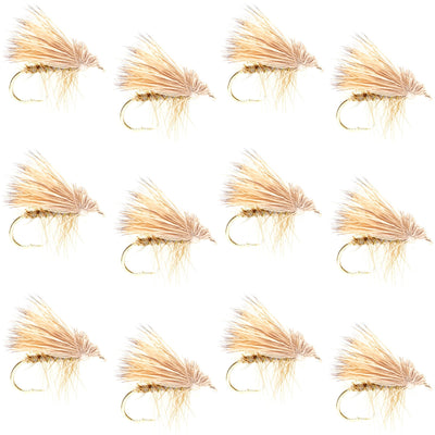 Set of 12 yellow elk hair caddis trout dry flies, size 14, on a hook suitable for fly fishing, by The Fly Fishing Place.