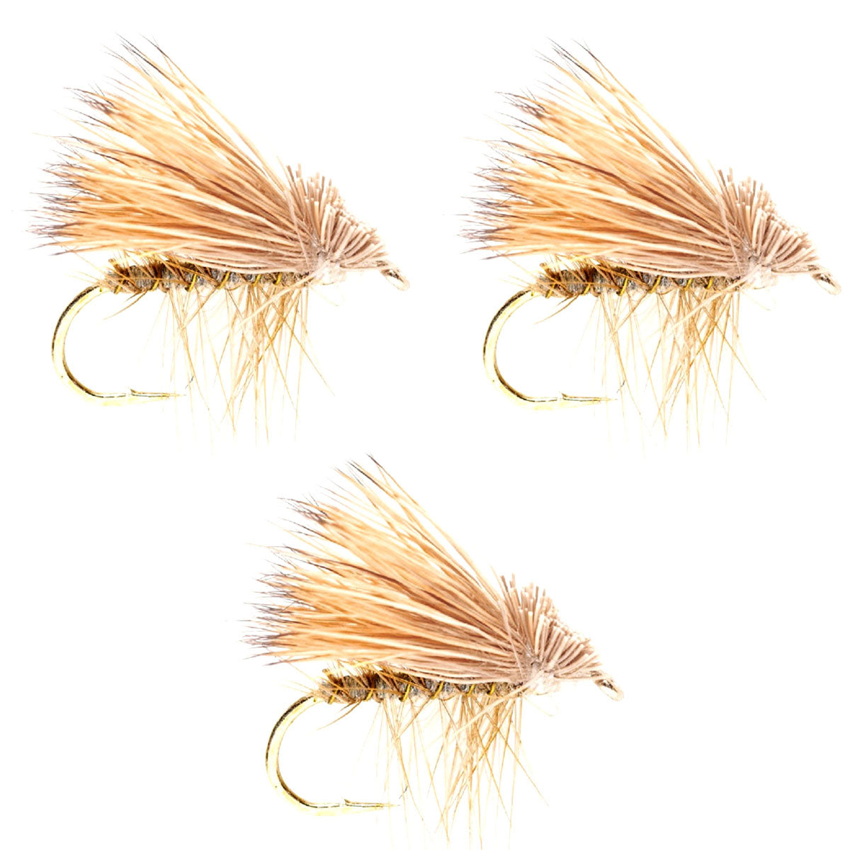 Three yellow elk hair caddis dry flies for trout fishing, size 18, from The Fly Fishing Place, shown in a close-up image.