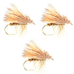 Three yellow elk hair caddis dry flies for trout fishing, size 14, with detailed elk hair bodies and wings.
