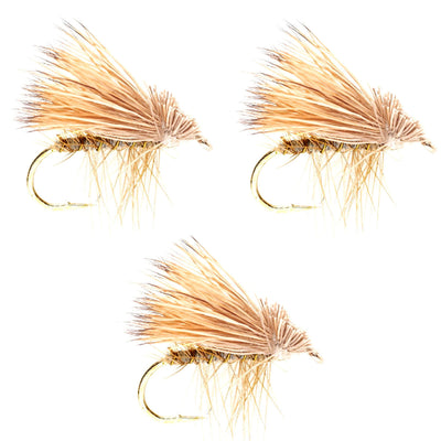 Three yellow elk hair caddis trout dry flies in size 12, classic fly fishing dry flies collection by The Fly Fishing Place