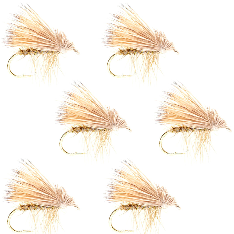 Set of six yellow elk hair caddis dry flies for trout fishing, size 12, by The Fly Fishing Place.