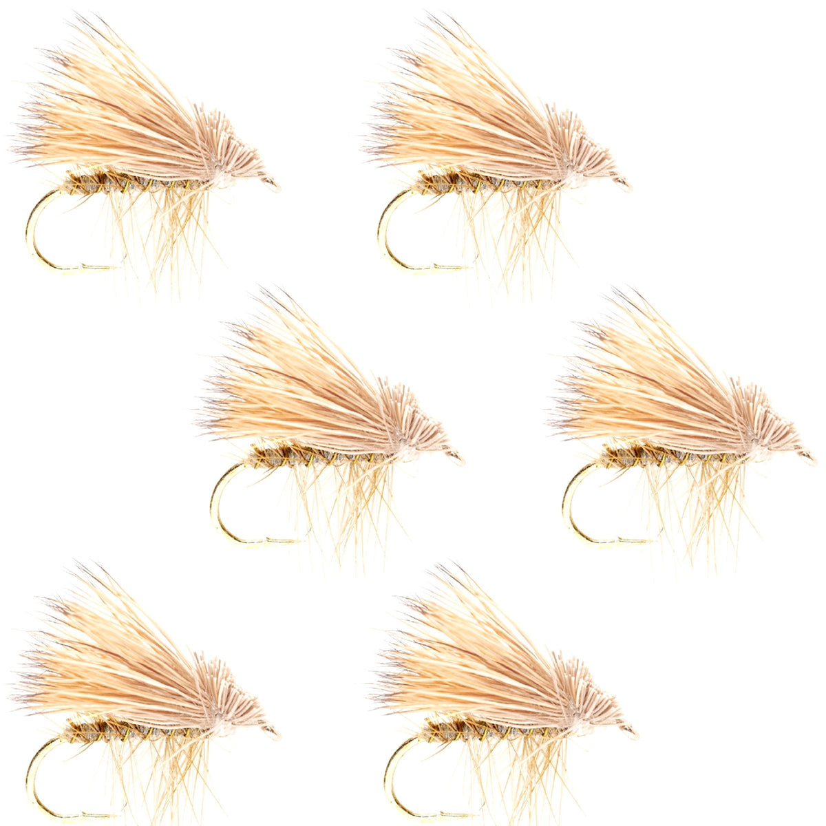 Set of six yellow elk hair caddis dry flies for trout fishing, size 14, by The Fly Fishing Place.