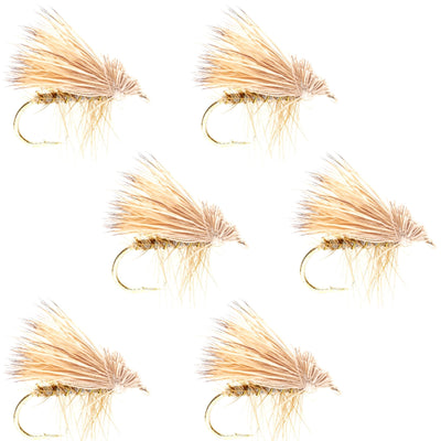 Set of six yellow elk hair caddis dry flies for trout fishing, size 14, by The Fly Fishing Place.