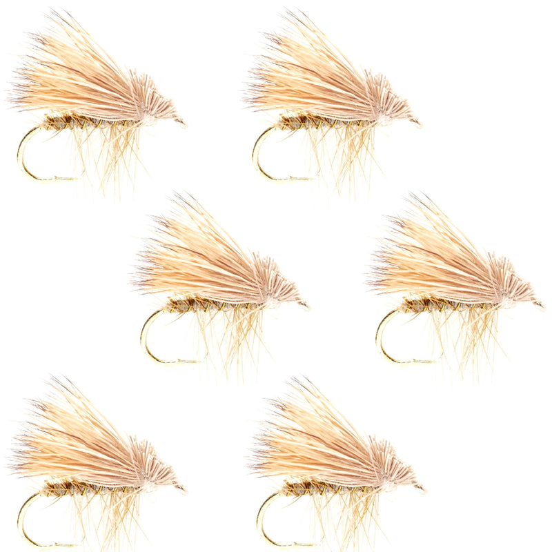 Set of six yellow elk hair caddis dry flies for trout fishing, size 14, by The Fly Fishing Place.