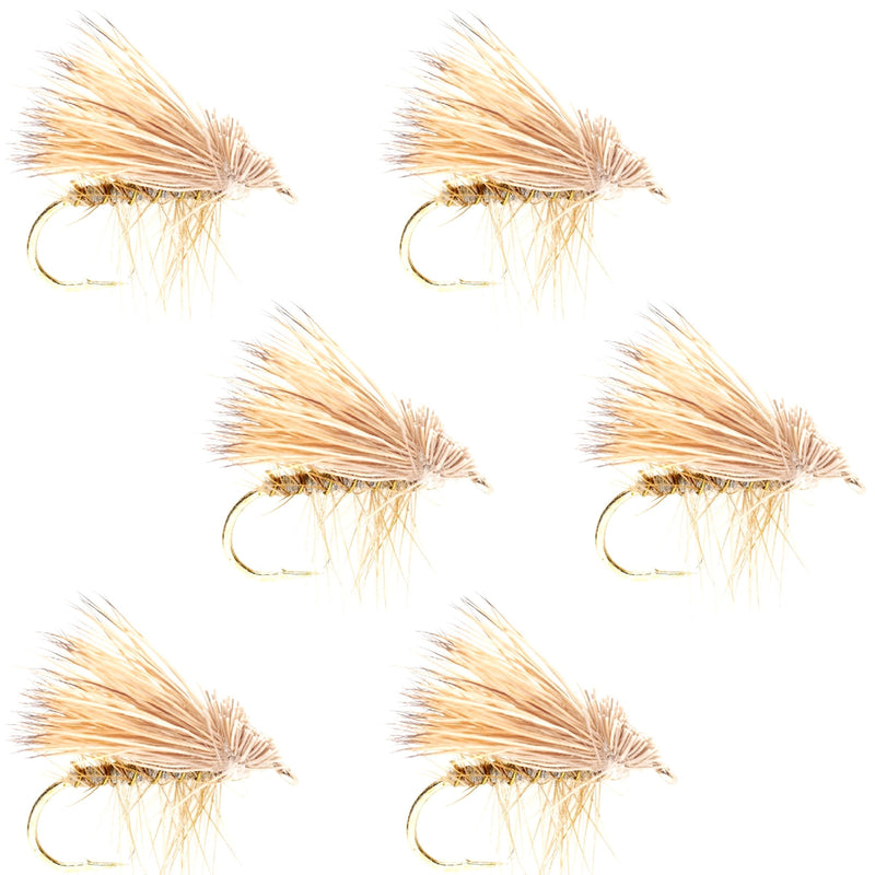 Set of six yellow elk hair caddis dry flies for trout fishing, size 18, from The Fly Fishing Place.