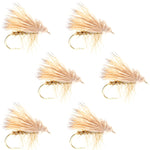 Set of six yellow elk hair caddis dry flies for trout fishing, size 16, designed for fly fishing enthusiasts.