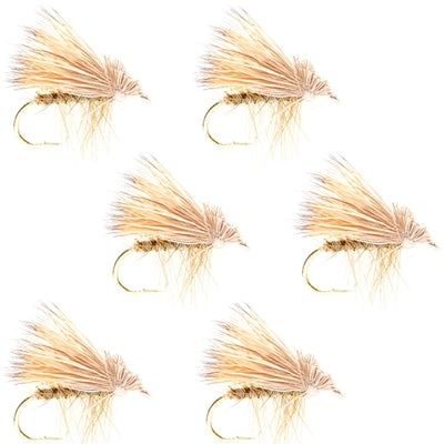 Set of six yellow elk hair caddis dry flies for trout fishing, size 16, designed for fly fishing enthusiasts.