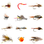 Assorted trout fishing flies in a fly box, including dry and wet flies from The Fly Fishing Place for trout fly fishing.