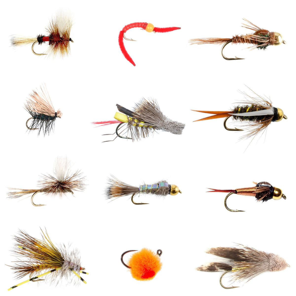 Assorted trout fishing flies in a fly box, including dry and wet flies from The Fly Fishing Place for trout fly fishing.