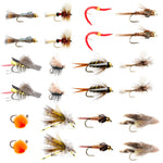Assorted trout fishing flies including dry and wet flies in a fly box from The Fly Fishing Place, ideal for trout fly fishing.