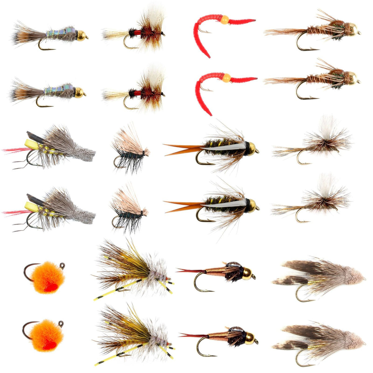 Assorted trout fishing flies including dry and wet flies in a fly box from The Fly Fishing Place, ideal for trout fly fishing