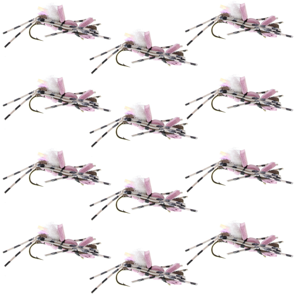 Set of 12 Fat Albert Pink Foam Body Grasshopper Dry Flies for trout fishing, size 10, by The Fly Fishing Place.