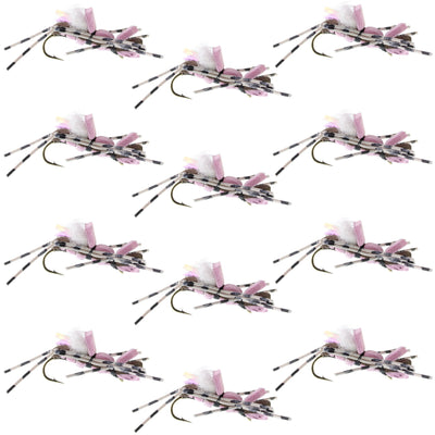 Set of 12 Fat Albert Pink Foam Body Grasshopper Dry Flies for trout fishing, size 10, by The Fly Fishing Place.