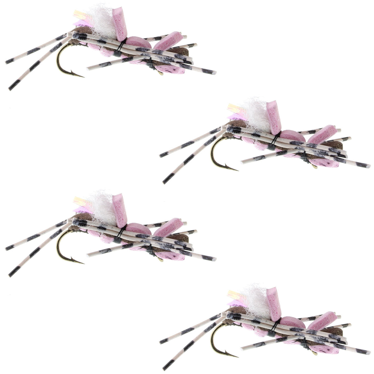 Set of four Fat Albert pink foam grasshopper dry flies for trout fishing, hook size 10, by The Fly Fishing Place.