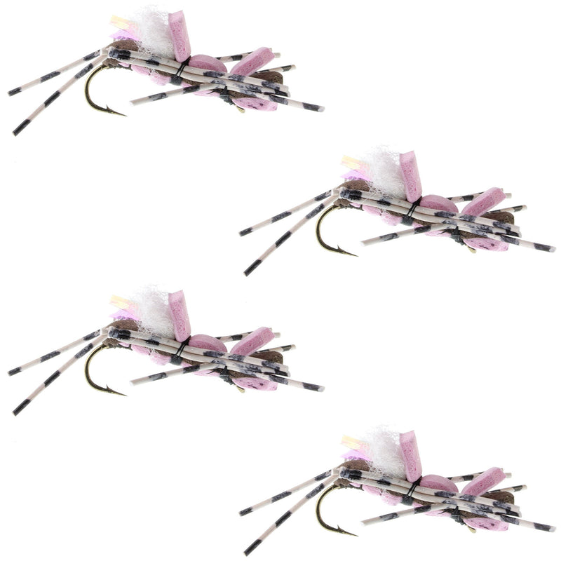 Set of four Fat Albert pink foam grasshopper dry flies for trout fishing, hook size 10, by The Fly Fishing Place.