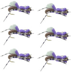 Set of six Fat Albert purple foam grasshopper dry flies with hooks, size 10, for trout fishing.