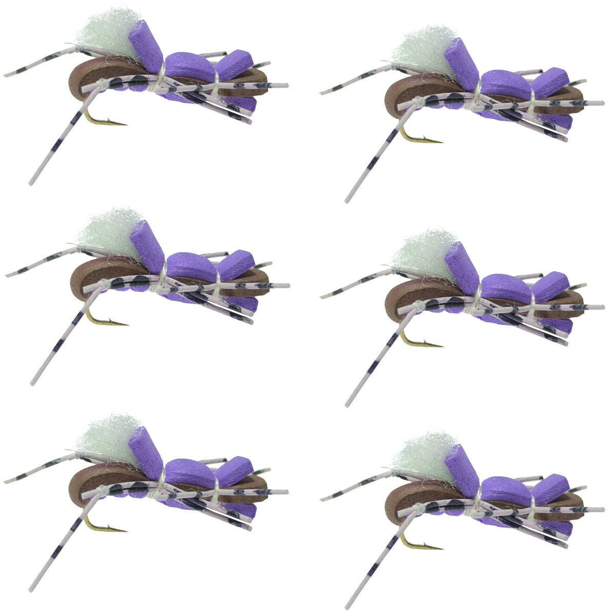 Set of six Fat Albert purple foam grasshopper dry flies with hooks, size 10, for trout fishing.
