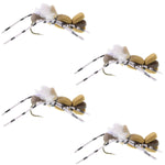 Set of four Fat Albert tan foam body grasshopper dry flies for trout fishing, hook size 10, by The Fly Fishing Place.