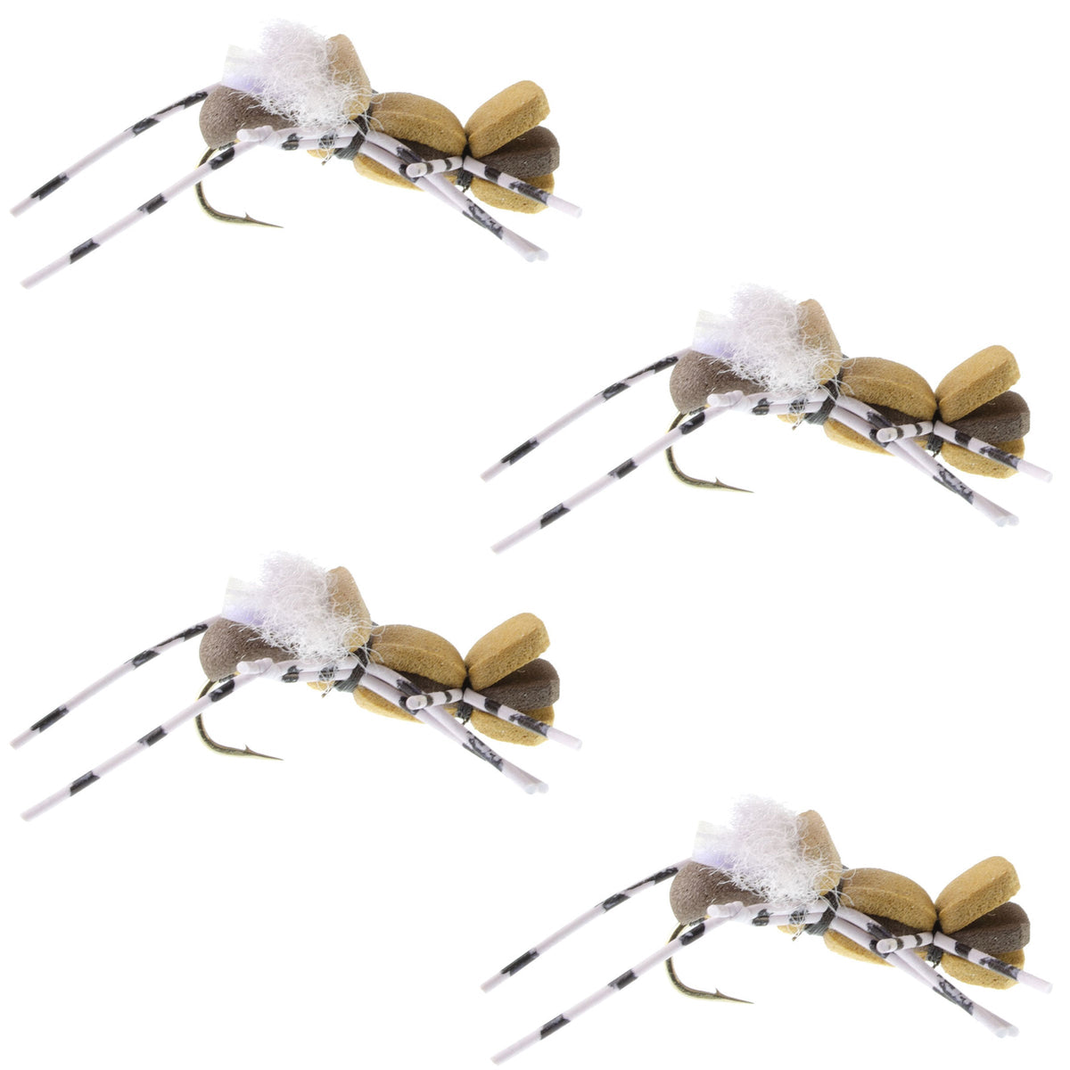 Set of four Fat Albert tan foam body grasshopper dry flies for trout fishing, hook size 10, by The Fly Fishing Place.
