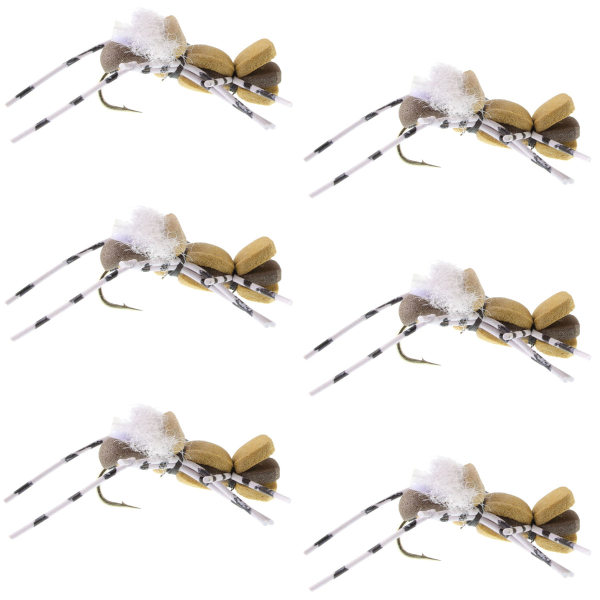 Set of 6 Fat Albert tan foam body grasshopper dry flies for trout fishing, size 10 hooks by The Fly Fishing Place
