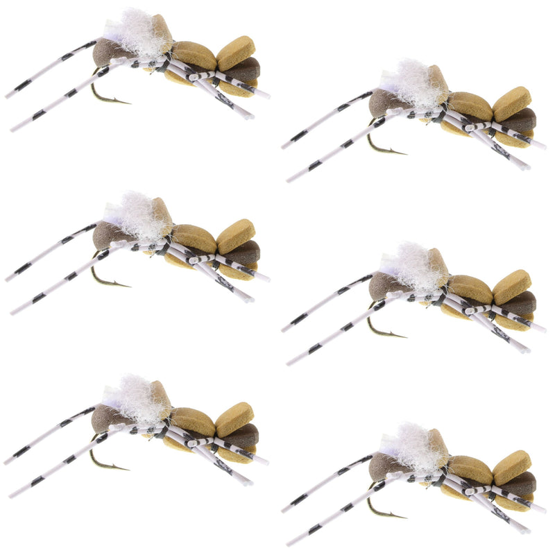 Set of 6 Fat Albert tan foam body grasshopper dry flies for trout fishing, size 10 hooks by The Fly Fishing Place