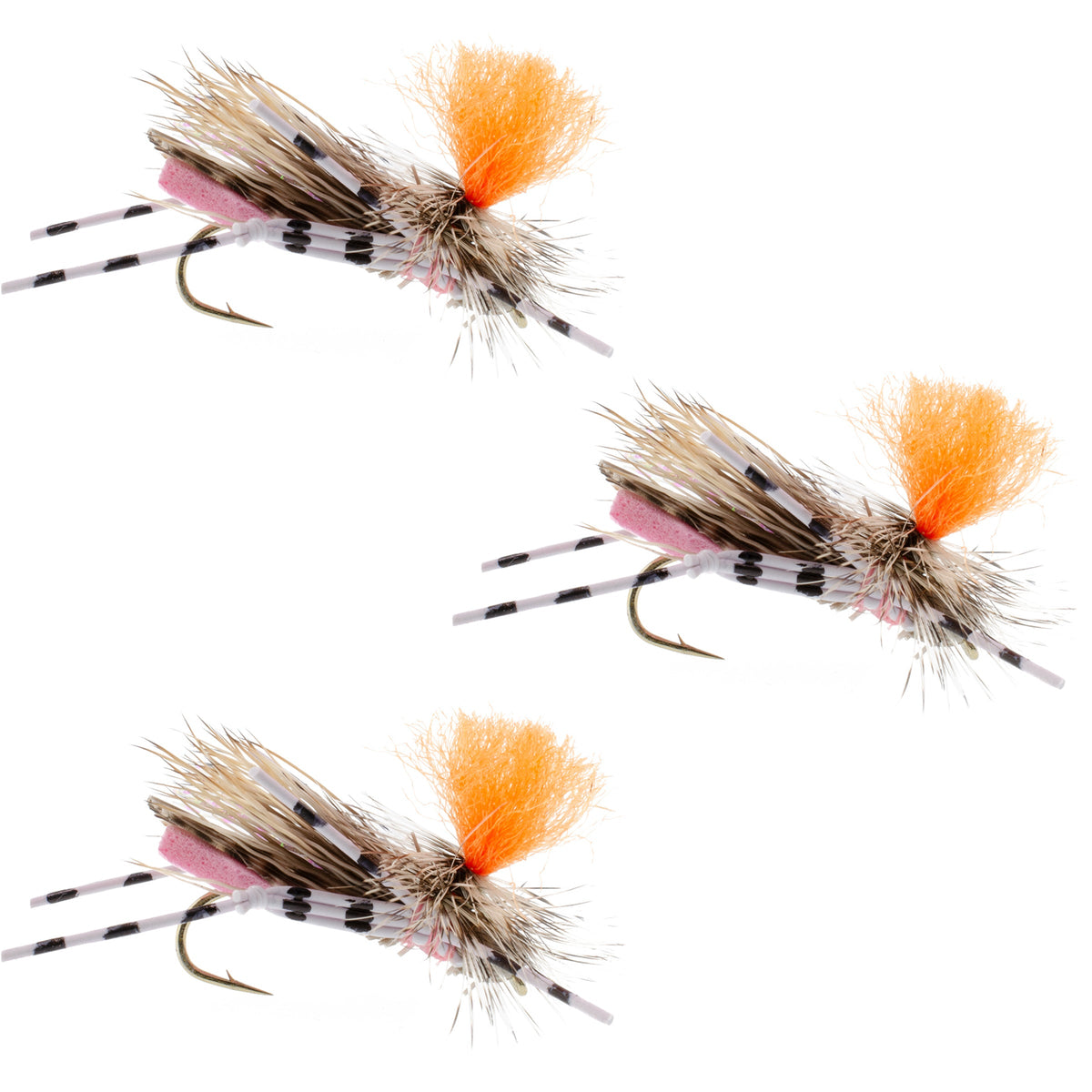 Three fishing flies with orange and brown patterns on a white background