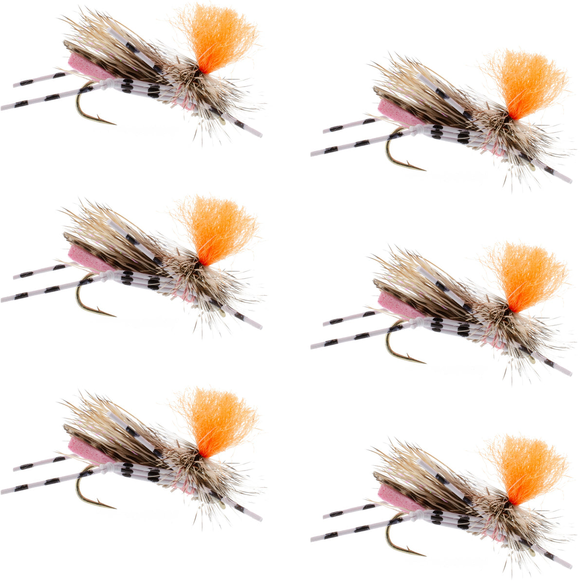 Set of six pink and orange Feth Hopper foam fly fishing lures for trout dry fly fishing, size 10 hooks.