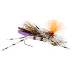 Purple foam Feth Hopper dry fly for trout fishing, size 10, with orange accents, designed for fly fishing enthusiasts.