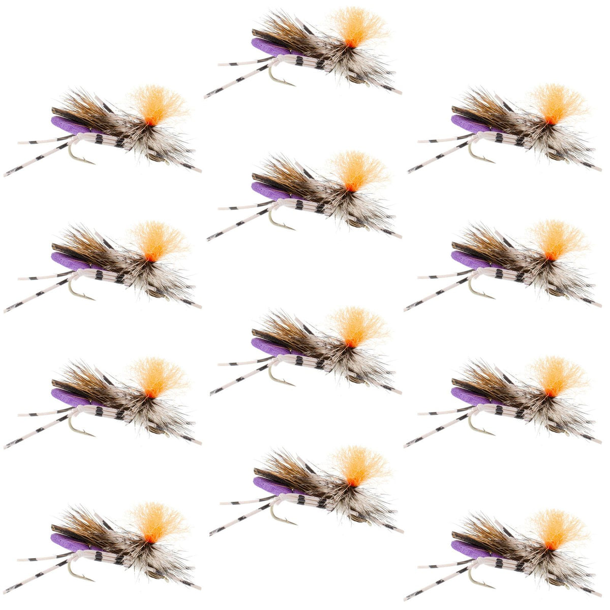 Set of 12 purple Feth Hopper foam grasshopper dry flies for trout fishing, size 10 hooks, by The Fly Fishing Place.