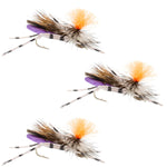 Set of three purple foam grasshopper dry flies with size 10 hooks for trout fishing by The Fly Fishing Place