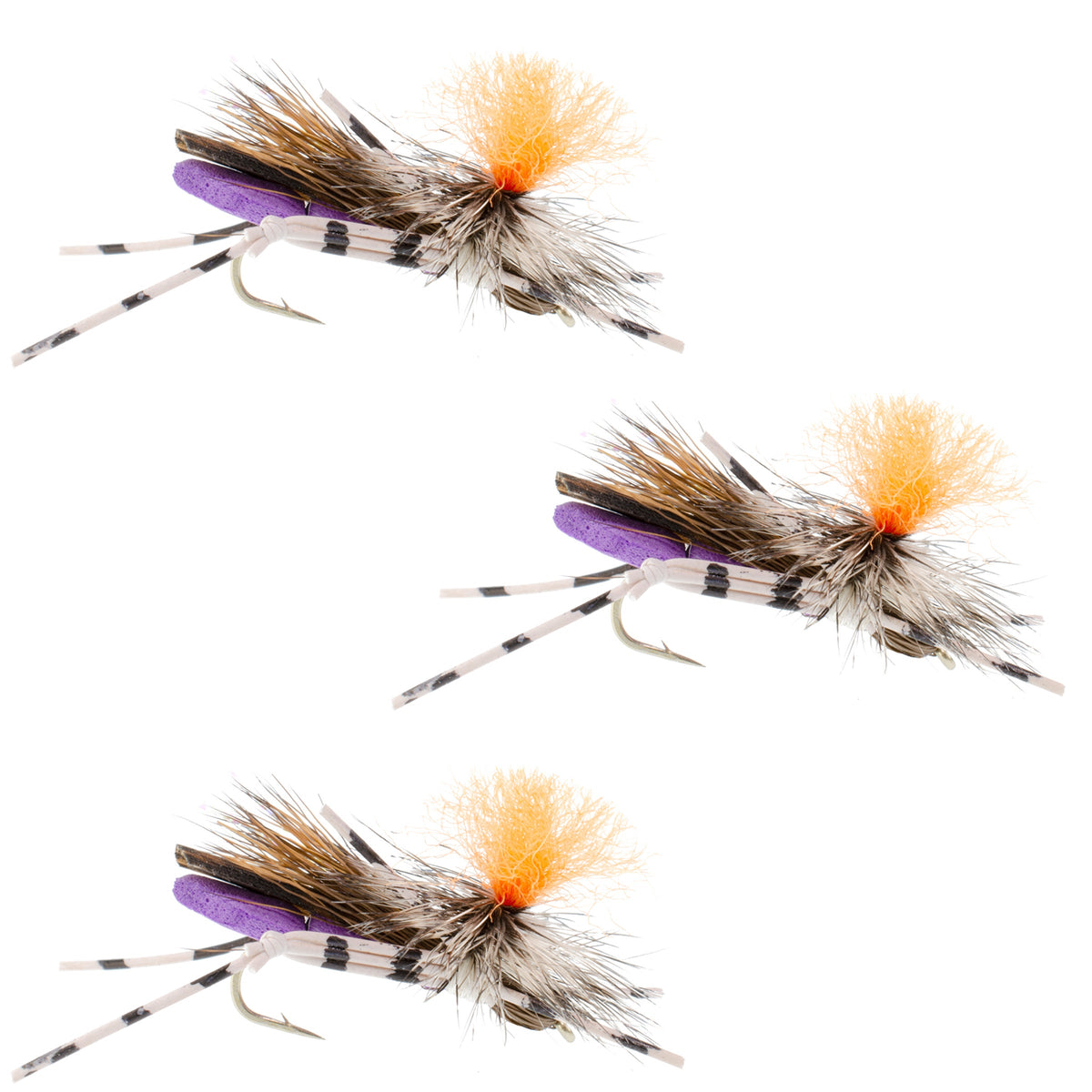 Set of three purple foam grasshopper dry flies with size 10 hooks for trout fishing by The Fly Fishing Place