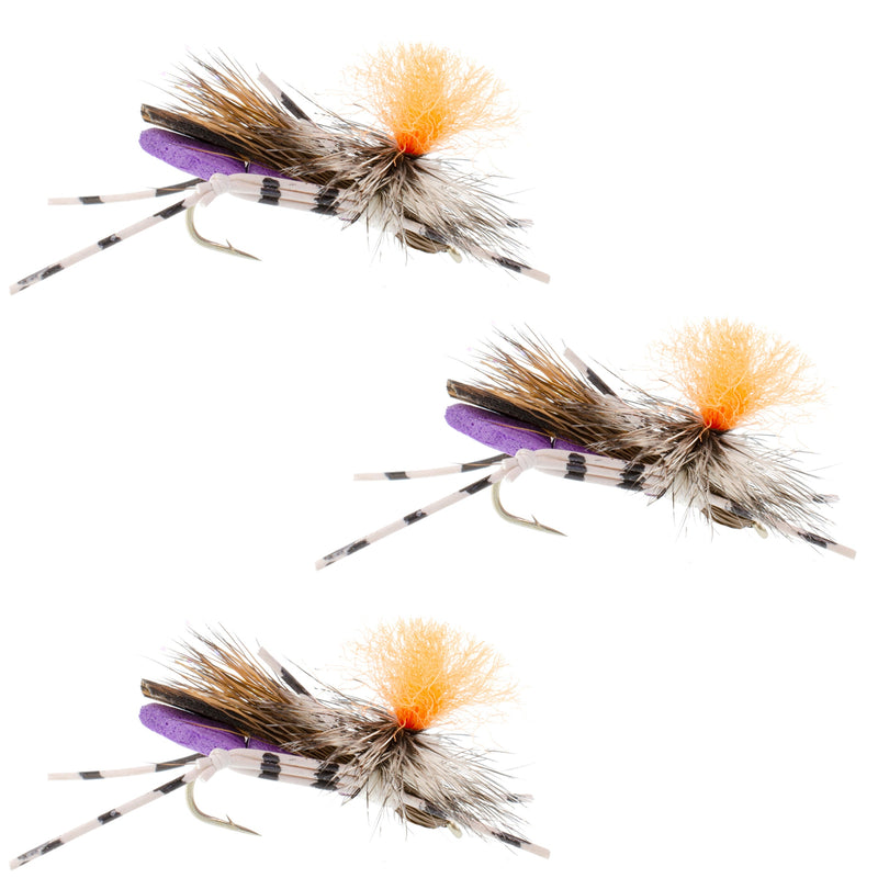 Set of three purple foam grasshopper dry flies with size 10 hooks for trout fishing by The Fly Fishing Place