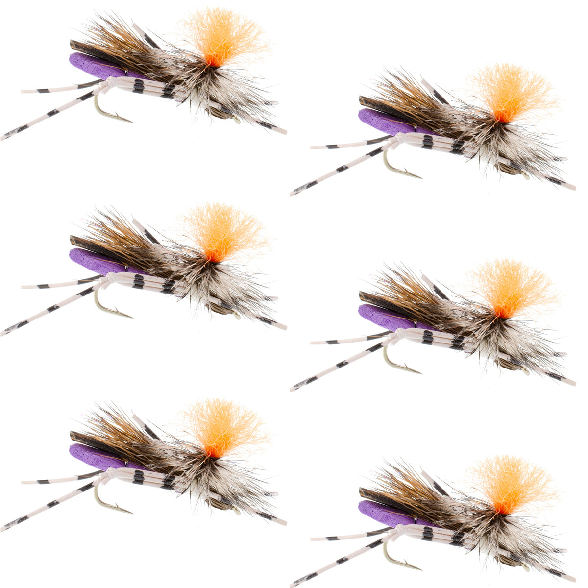Set of six Feth Hopper Purple foam grasshopper dry flies for trout fishing, size 10, by The Fly Fishing Place.