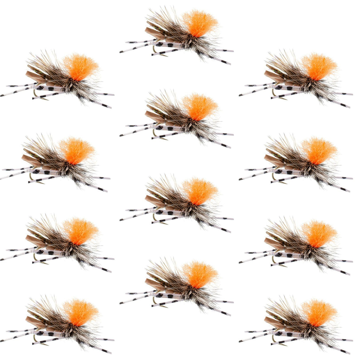 Set of 12 Feth Hopper Tan foam dry fly fishing lures with orange accents, size 10 hooks for trout fishing.