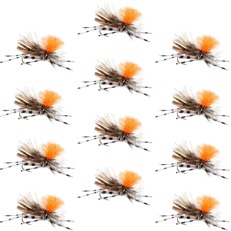 Set of 12 Feth Hopper Tan foam dry fly fishing lures with orange accents, size 10 hooks for trout fishing.