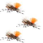 Three tan foam hopper dry flies with hooks size 10 for trout fishing, featuring realistic grasshopper patterns.