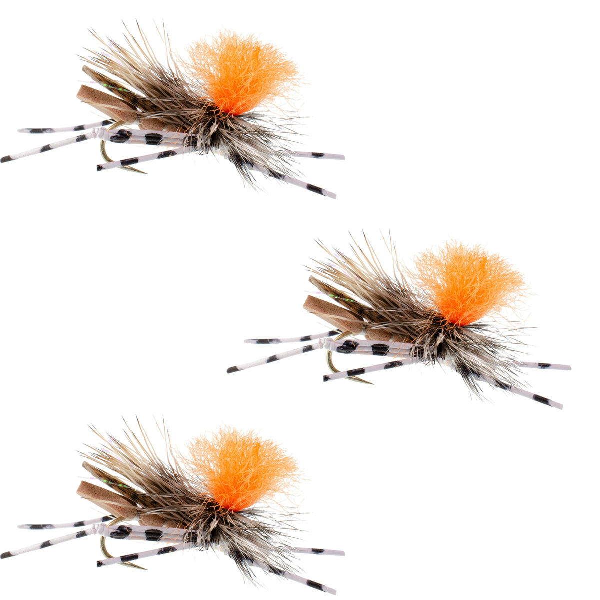 Three tan foam hopper dry flies with hooks size 10 for trout fishing, featuring realistic grasshopper patterns.