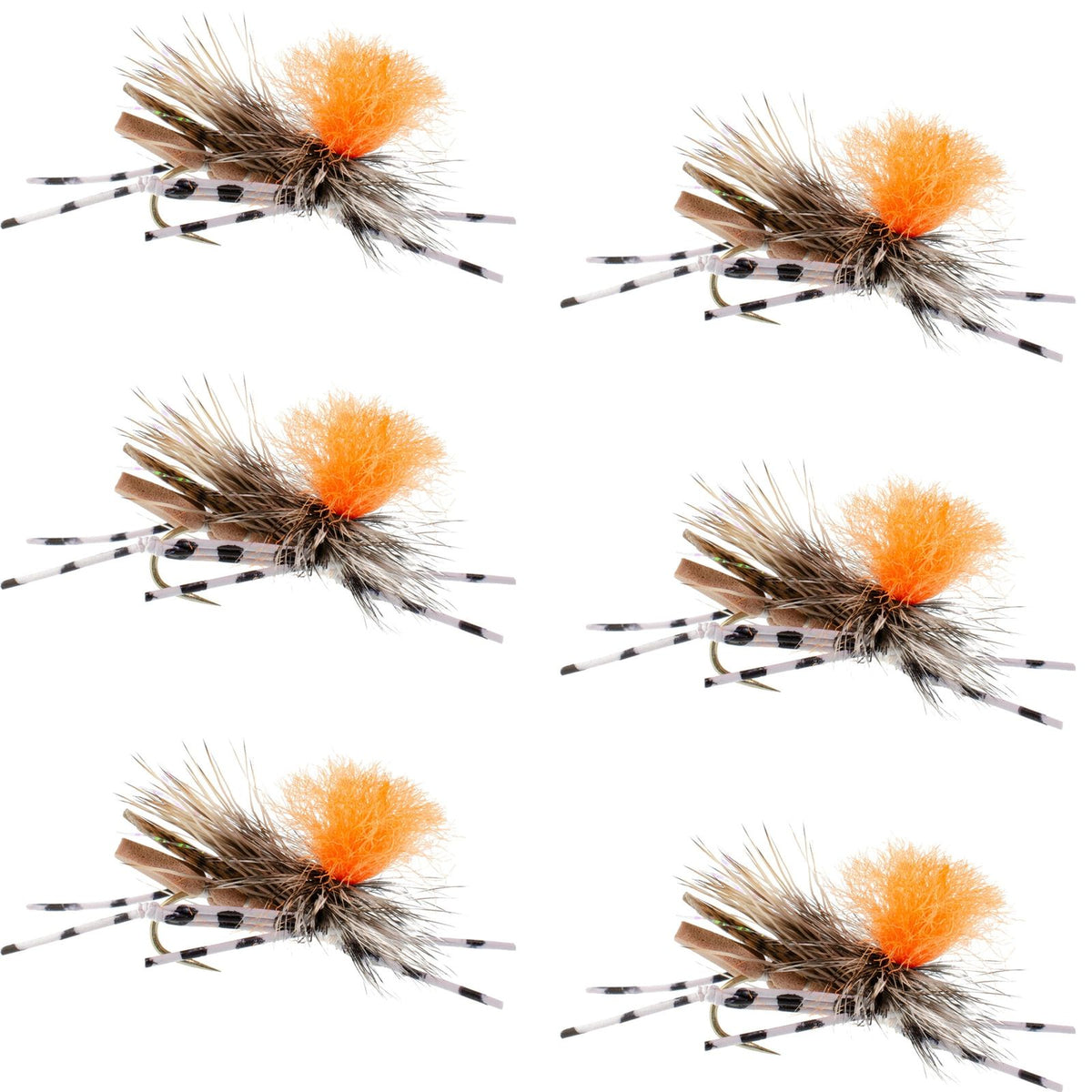 Set of six Feth Hopper Tan foam grasshopper dry flies with orange accents, sized 10 hooks for trout fly fishing.