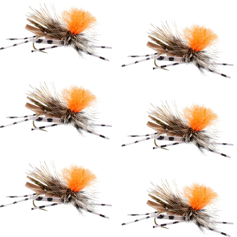 Set of six Feth Hopper Tan foam grasshopper dry flies with orange accents, sized 10 hooks for trout fly fishing.