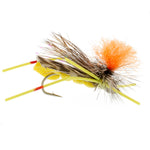 Yellow and orange foam grasshopper trout flies, size 10, part of a 9-pack assortment of terrestrials for fly fishing.