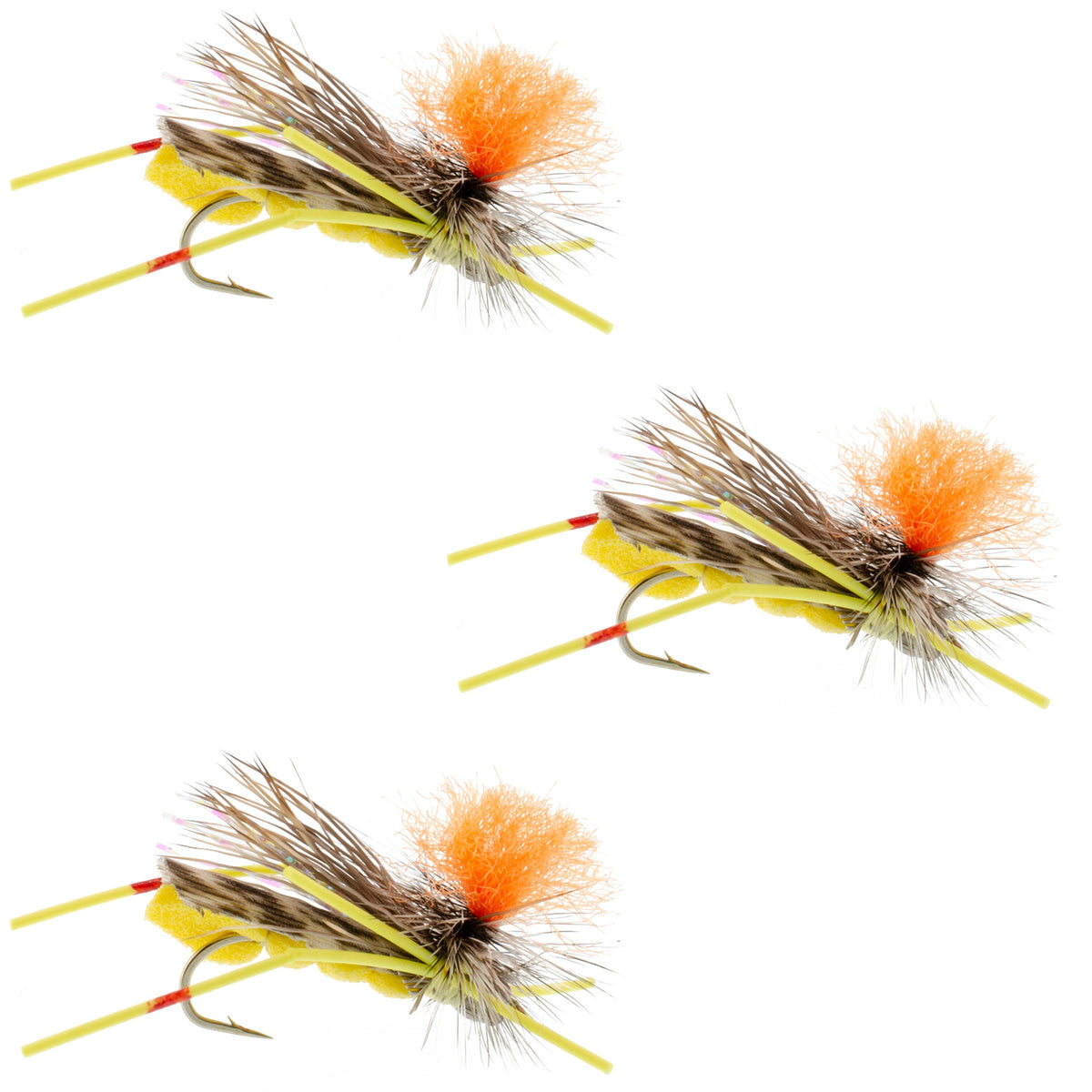 Set of three yellow foam Feth Hopper dry flies with orange accents, size 10 hooks for trout fishing.
