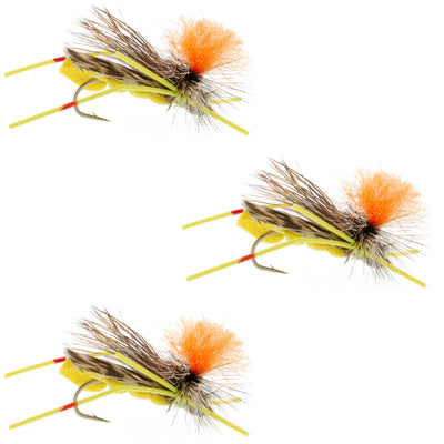 Set of three yellow foam Feth Hopper dry flies with orange accents, size 10 hooks for trout fishing.