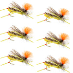 Set of six yellow foam grasshopper dry flies for trout fishing, size 10, by The Fly Fishing Place, featuring vibrant yellow and orange colors.