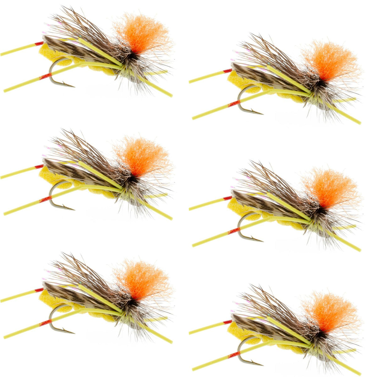Set of six yellow foam grasshopper dry flies for trout fishing, size 10, by The Fly Fishing Place, featuring vibrant yellow a